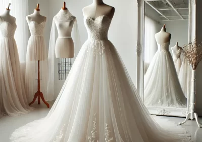 DALL·E-2025-01-28-17.27.43-A-beautiful-used-white-A-line-wedding-dress-displayed-on-a-mannequin.-The-dress-features-delicate-lace-detailing-a-sweetheart-neckline-and-a-flowing